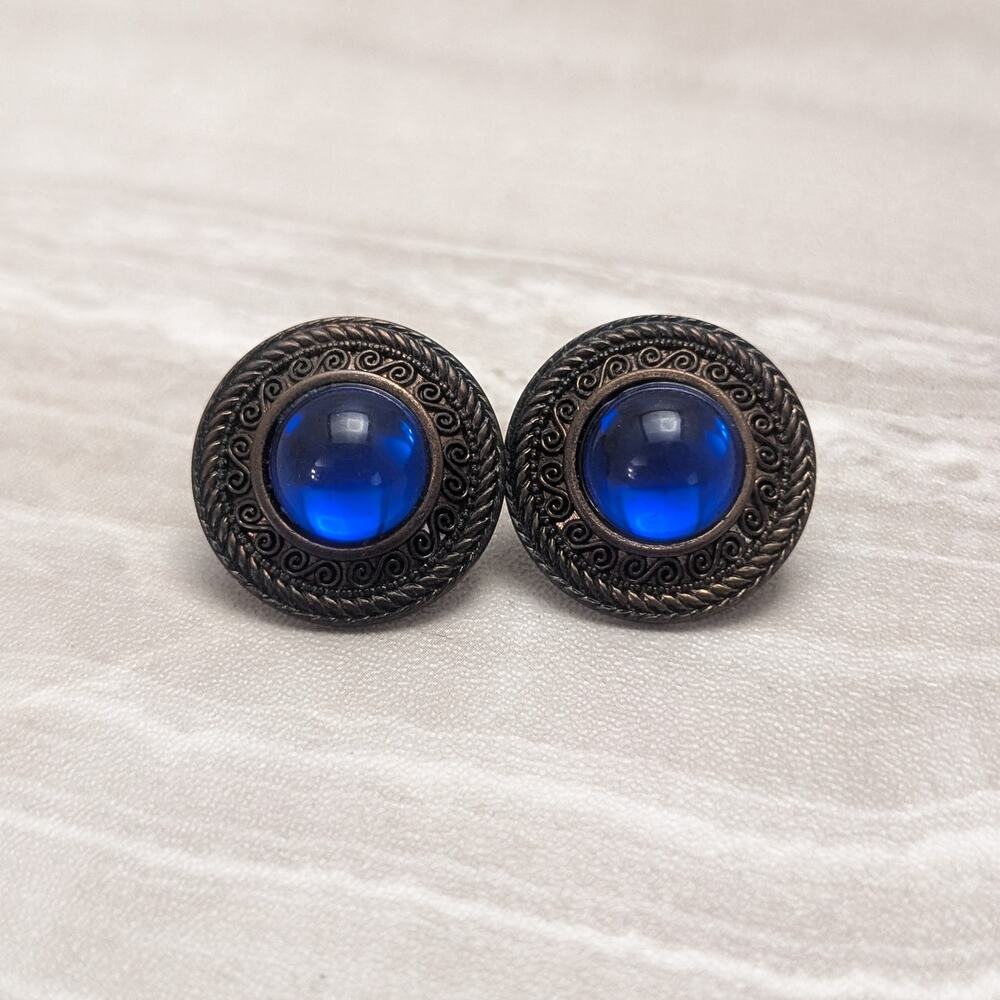 Vintage Stud Earrings Large Dark Tones with Blue Center 1" Statement
